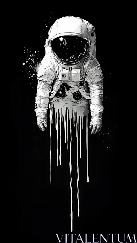 Solitary astronaut figure drips downward on uniform black field