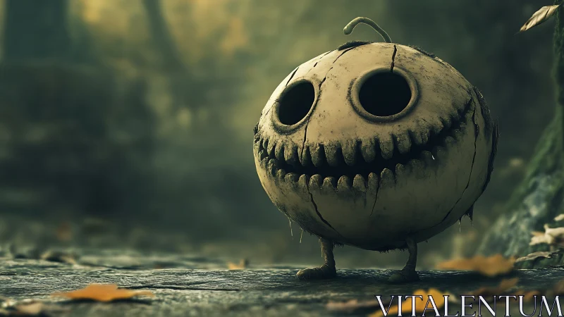 Spherical pumpkin creature on forest path in soft focus.