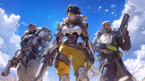 Heroic sci fi trio in dynamic armored battle stance.