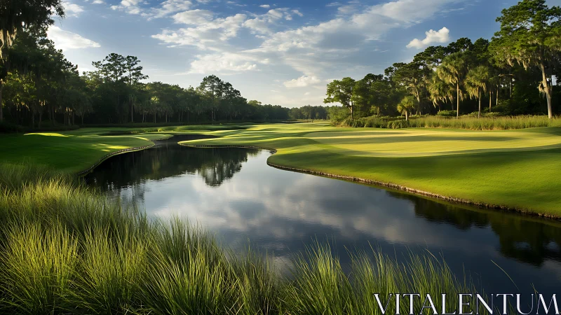 Tranquil golf fairway curves beside reflective river at dusk