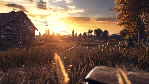 Golden country sunset gently warms an old farmhouse field