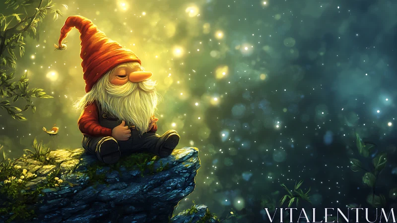 Dreamy cliffside gnome bathing in firefly forest glow.