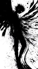 Silhouette of dark winged figure in splattered ink contrast.