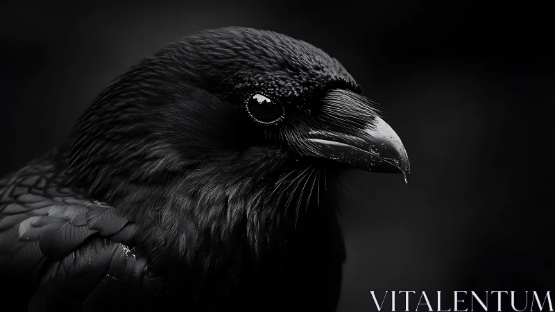 Dramatic close-up of a raven in moody black and white portrait.