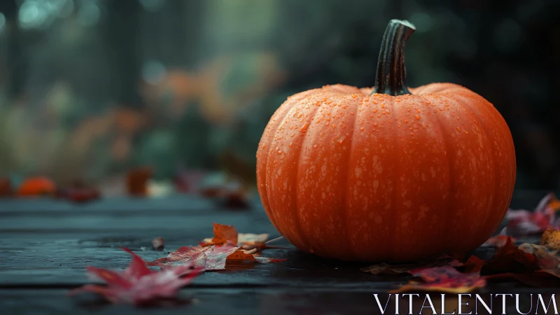 Rain-kissed autumn pumpkin resting on a twilight table.