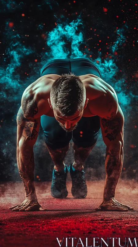 Dynamic plyometric pushup captured with high-contrast rim lighting