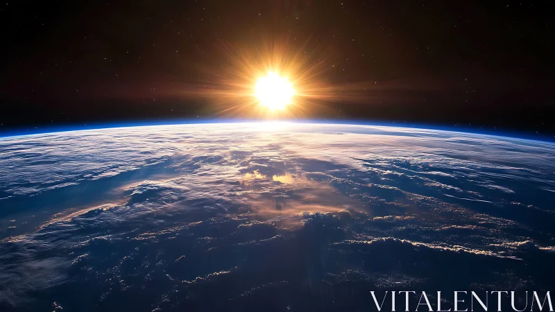 Solar illumination over Earth&rsquo;s curved horizon in space.