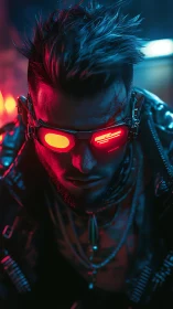 Cyberpunk street mercenary with neon visor glare.