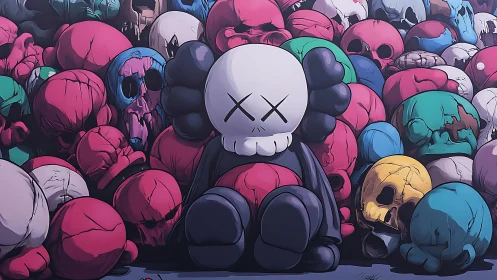 Cartoon skull character sits among colorful skull piles