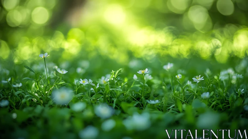 Wild meadow blossoms under dreamy spring bokeh light.