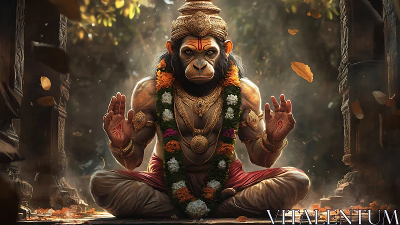 Divine simian guardian meditating in a sunlit temple court.