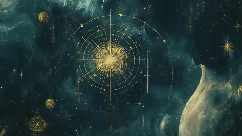 Celestial chart with radial golden lines over star field.