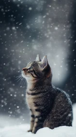 Tabby Cat Gazes Upward Through Falling Snow.