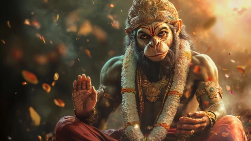 Divine monkey warrior glows in saffron light and swirling petals.