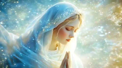Gentle veiled woman prays softly in a glowing starlit light