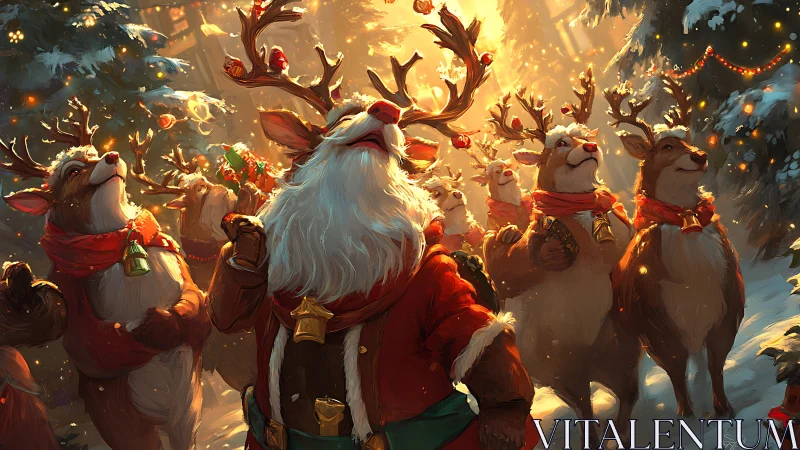 Jolly reindeer choir basking in golden winter magic.