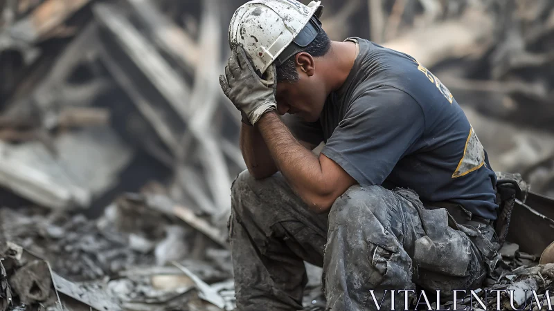 Exhausted rescue worker rests amid twisted disaster rubble