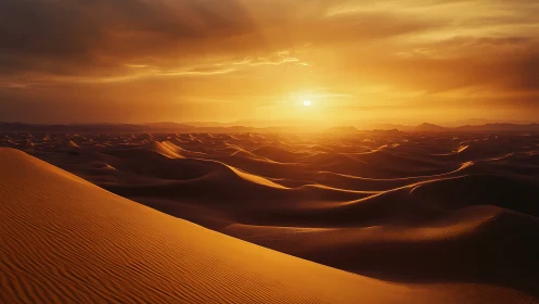 Golden desert dunes glow under low setting sun