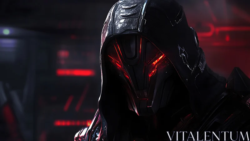 Crimson eyed cyber warrior leans from the shadows in silence