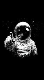 Ink astronaut pointing toward viewer in deep space.