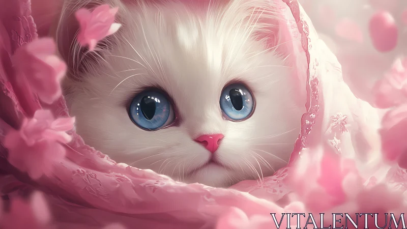White Cat with Blue Eyes Surrounded by Pink Floral Elements