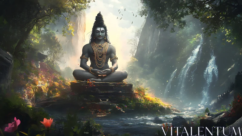 Divine yogi meditates beside misty waterfalls in sacred forest.
