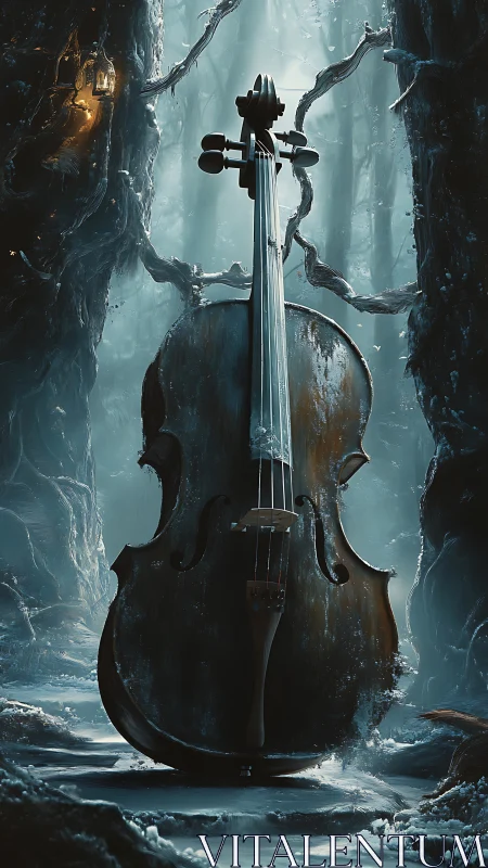 Weathered cello stands frozen inside misty enchanted forest