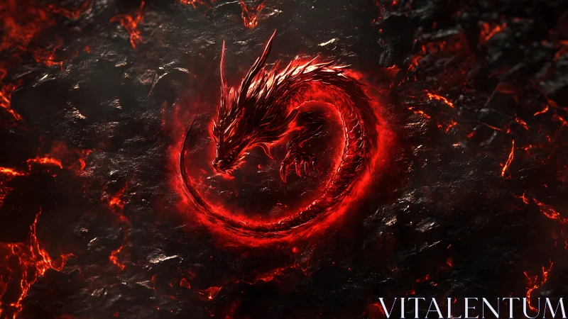 Fiery dragon coils in a glowing ring above molten stone