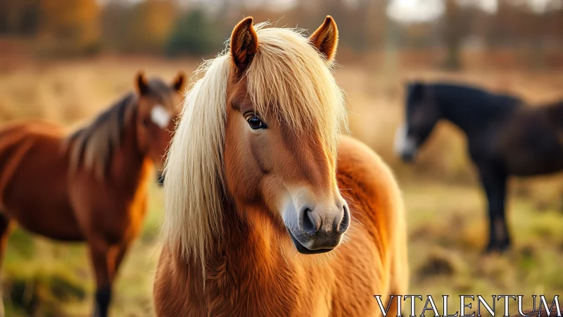Golden-maned pony in autumn meadow, softly blurred herd.