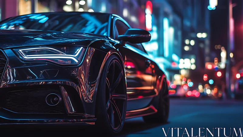 Black sedan under neon city lights at night on street.