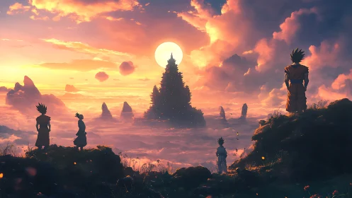 Sunlit cloud temple vista with silhouetted warrior quartet.