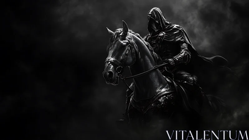 Shadow-cloaked rider on midnight steed storms the void.