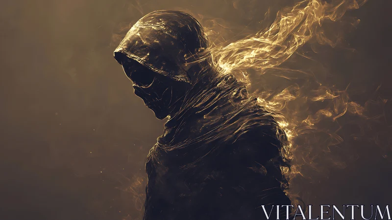 Hooded skeletal wraith rendered with molten smoke and rim lighting