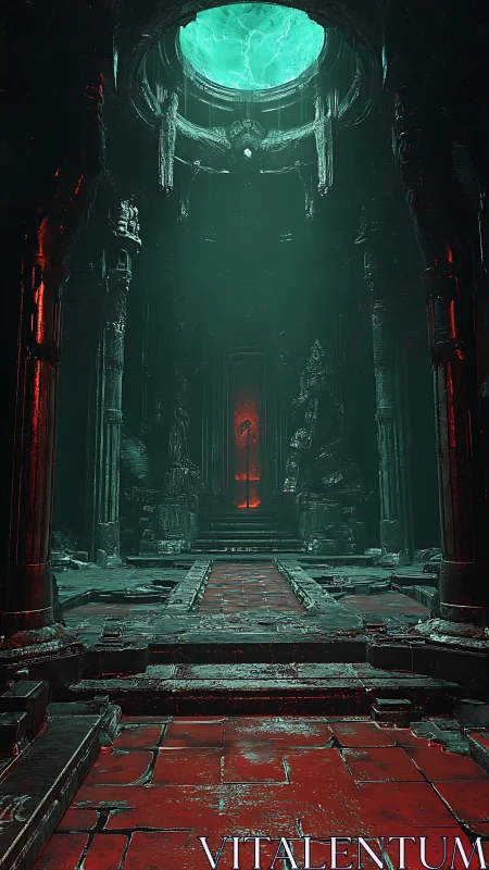 Ruined stone hall with red tiled floor and circular skylight.