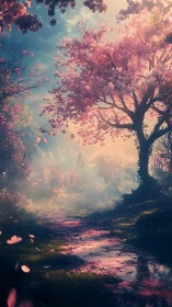 Whispering cherry path under spellbound sunrise glow.