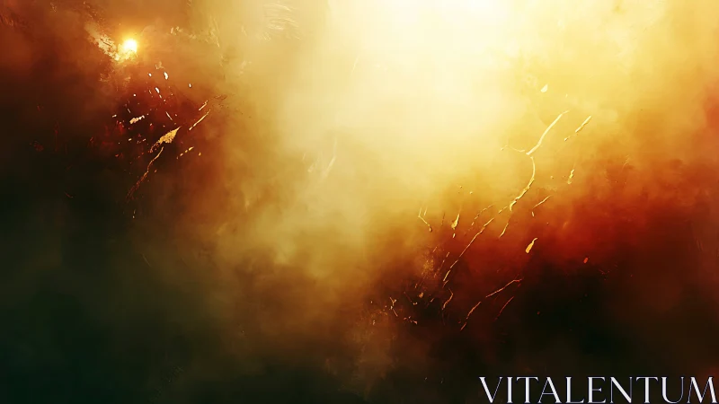 Explosive golden light burst with ember streams and smoke.