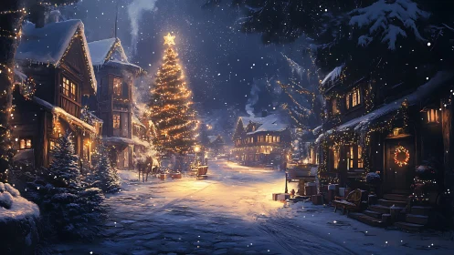 Snowy village street glows under cinematic Christmas lighting