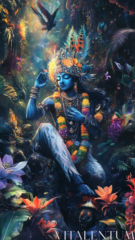 Blue-skinned deity figure seated in dense luminous forest.