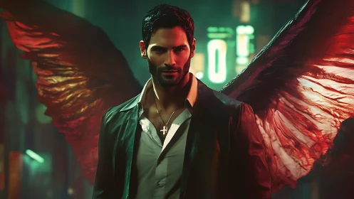 Winged male figure stands in front of blurred neon signage