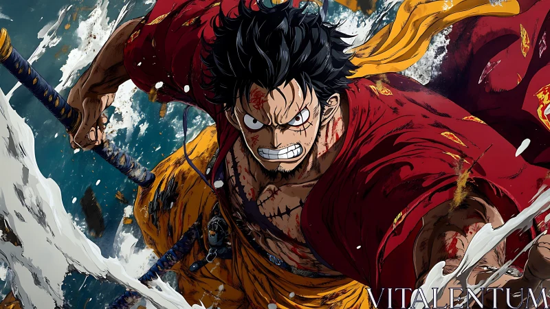 Battle-scarred pirate hero surges through storm-churned seas.