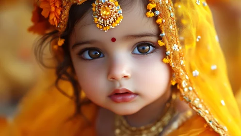 Digital portrait of child in ornate yellow traditional attire