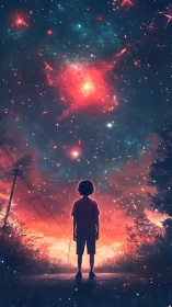 Child under a crimson galaxy dreaming of endless possibilities.