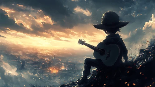 Backlit child guitarist silhouettes city under turbulent sunset sky