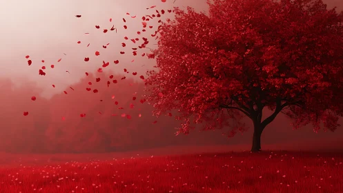 Solitary red tree in windblown petals over monochrome field