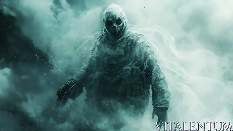 Spectral soldier figure emerges from dense swirling smoke