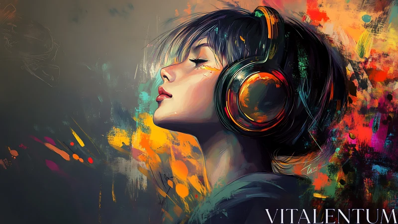 Woman with headphones in colorful abstract digital art.
