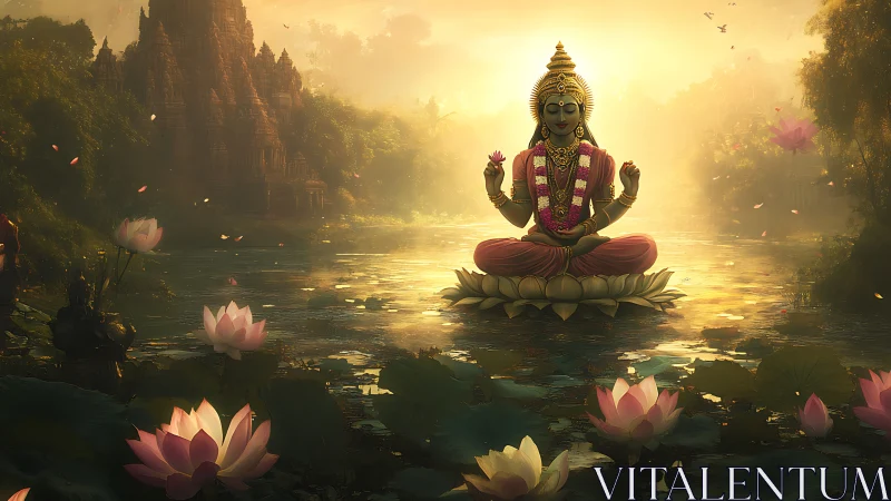 Divine lotus deity meditating over reflective temple lagoon