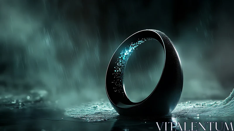 Rainlit cosmic ring arches through mist and scattered starlight.