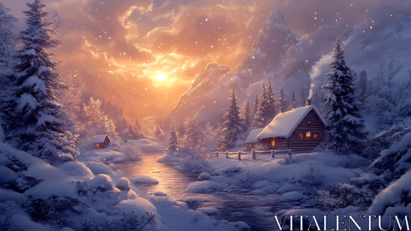 Sunlit alpine river valley frames snowbound cabins at dusk