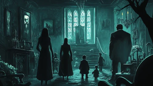 Mysterious family gathers in a hauntingly grand old hall.
